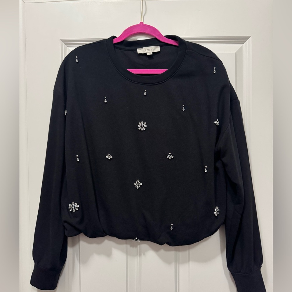 LOFT Black Crystal-Embellished Crewneck Sweatshirt